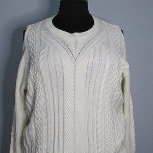 Cream Cold Shoulder Cable Knit White Sweater